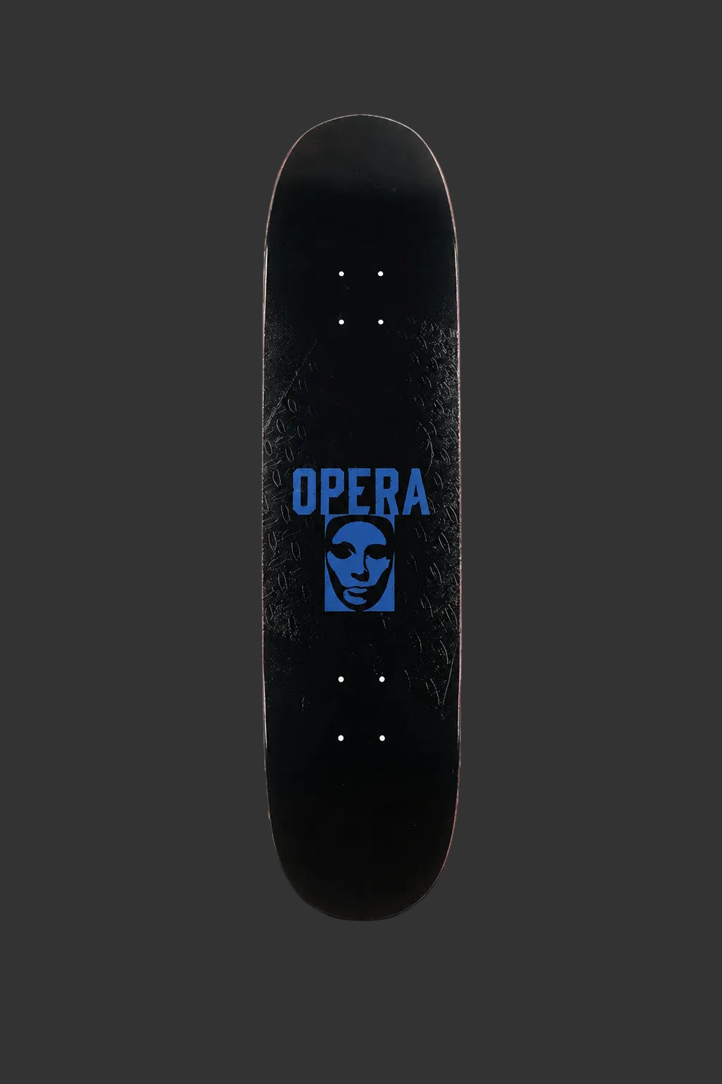 An Opera skateboard deck featuring a blue 'OPERA' logo and a stylized face graphic on the underside