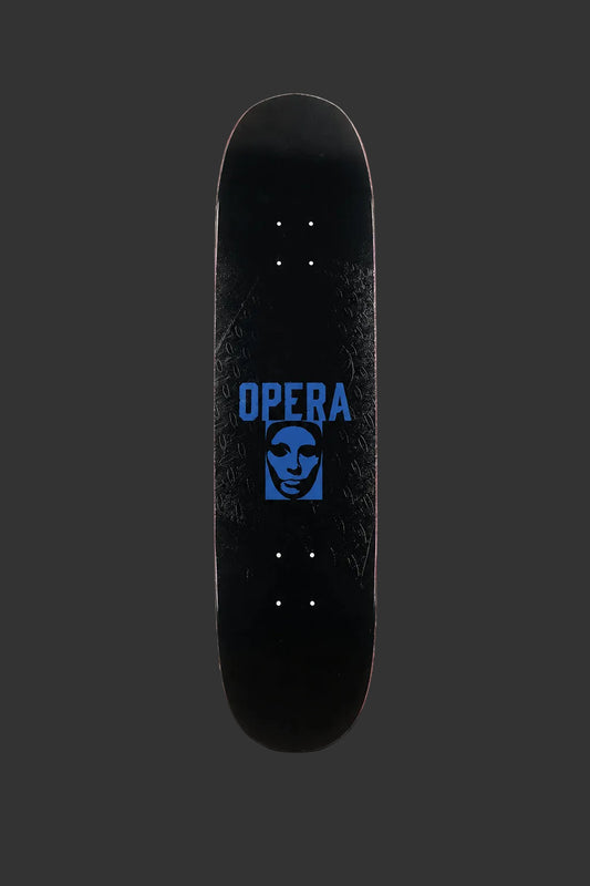 An Opera skateboard deck featuring a blue 'OPERA' logo and a stylized face graphic on the underside